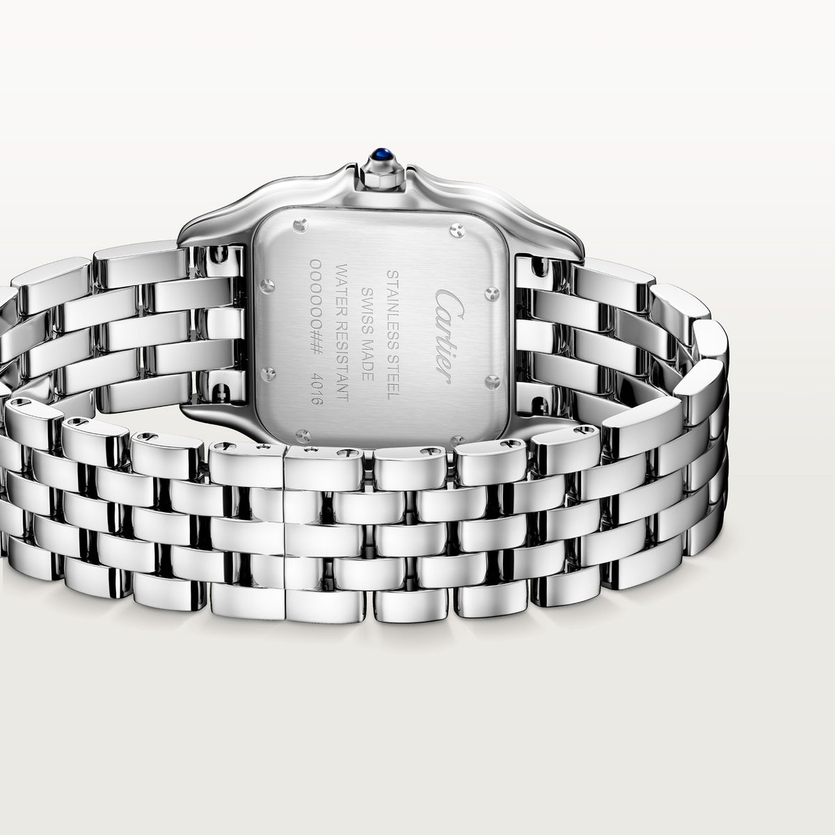 Cartier Panthère de Cartier women's quartz watch, medium model case, silver dial, stone-set bezel, silver stainless steel bracelet – caseback bracelet view