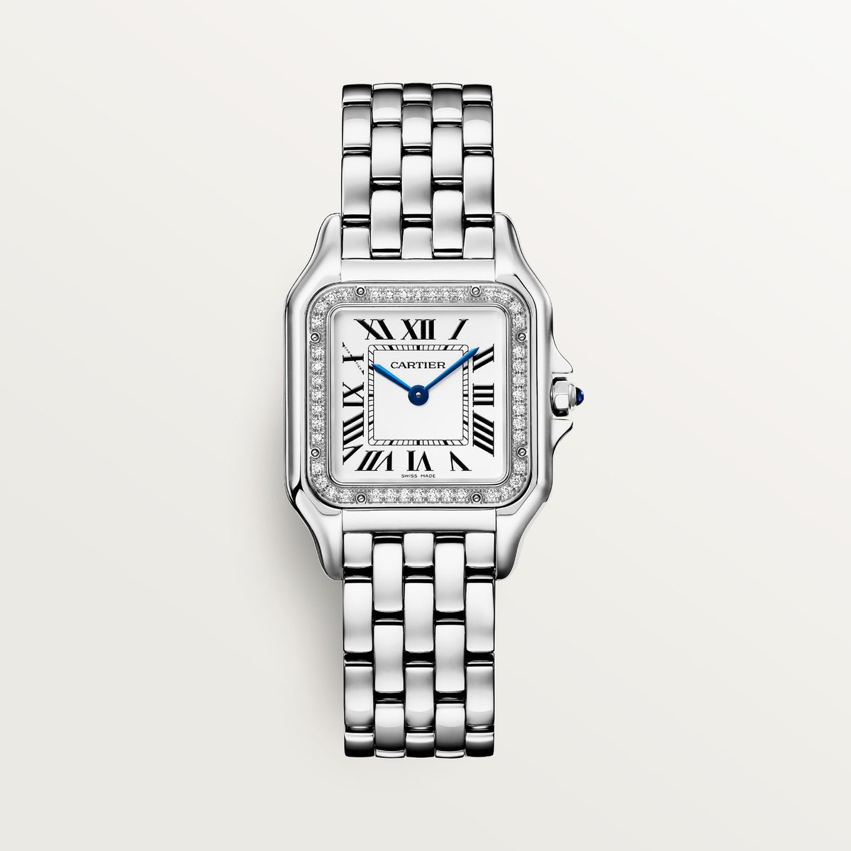 Cartier Panthère de Cartier women's quartz watch, medium model case, silver dial, stone-set bezel, silver stainless steel bracelet – front view