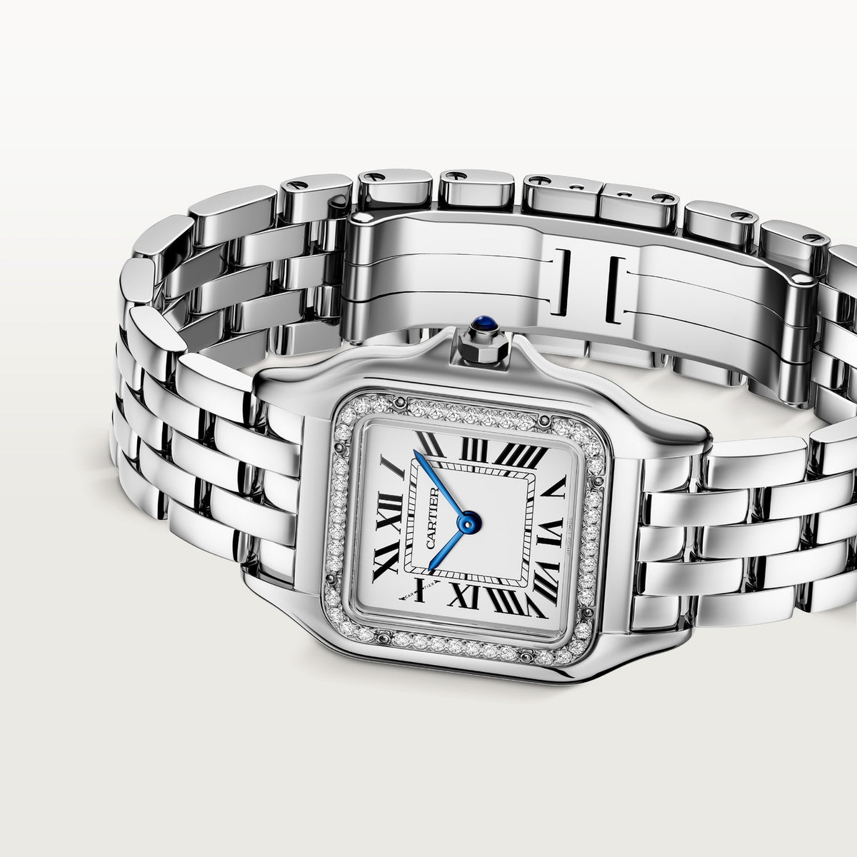 Cartier Panthère de Cartier women's quartz watch, medium model case, silver dial, stone-set bezel, silver stainless steel bracelet – side angle view