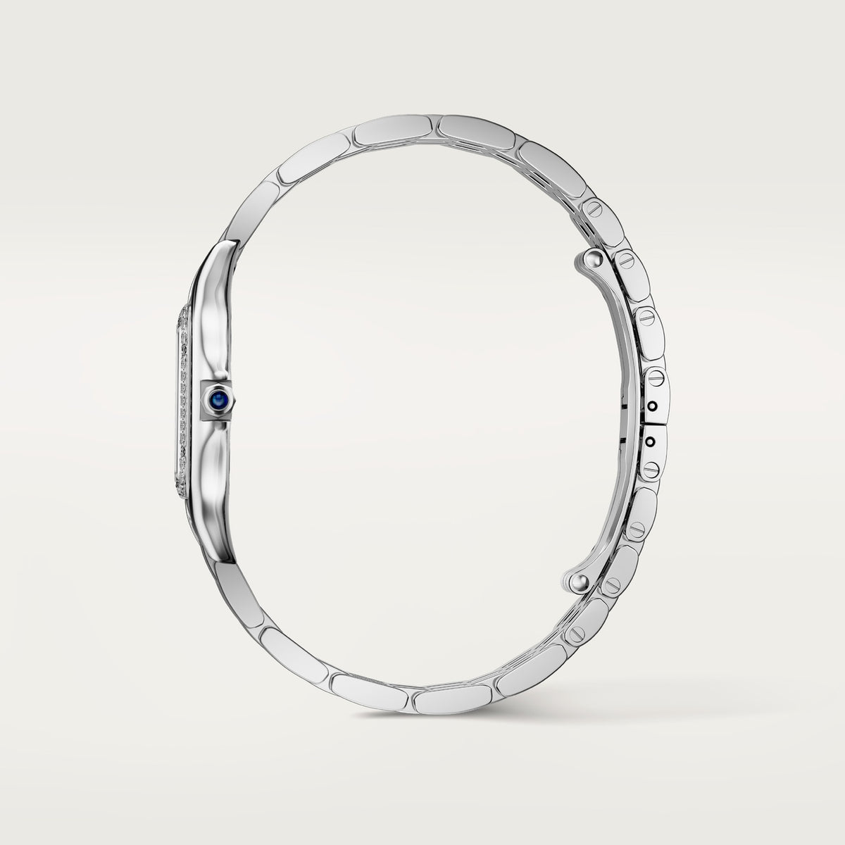 Cartier Panthère de Cartier women's quartz watch, medium model case, silver dial, stone-set bezel, silver stainless steel bracelet – side profile view