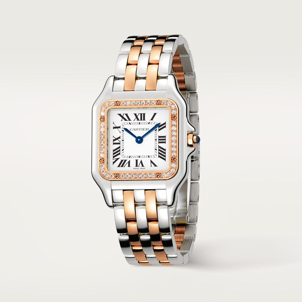 Cartier Panthère de Cartier women's quartz watch, medium model case, silver dial, stone-set bezel, two-tone stainless steel bracelet – angle view