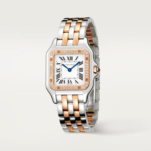 Cartier Panthère de Cartier women's quartz watch, medium model case, silver dial, stone-set bezel, two-tone stainless steel bracelet – angle view