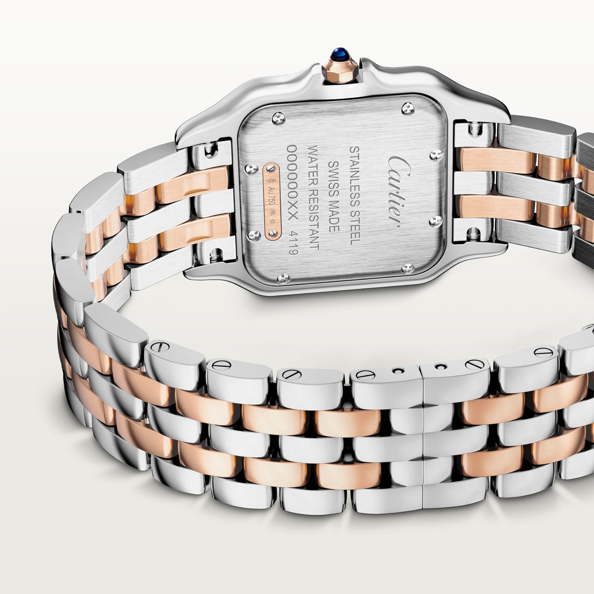 Cartier Panthère de Cartier women's quartz watch, medium model case, silver dial, stone-set bezel, two-tone stainless steel bracelet – caseback bracelet view