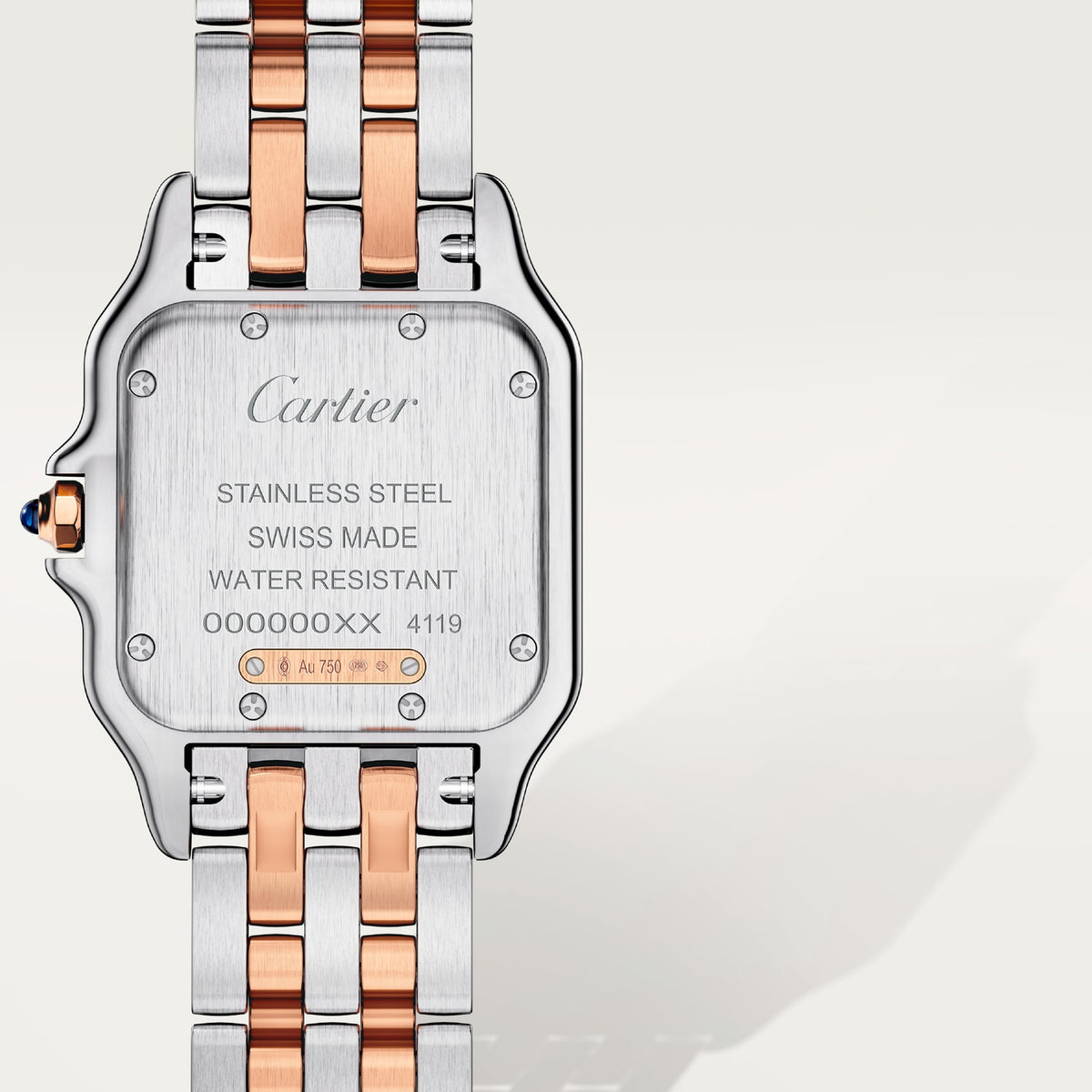 Cartier Panthère de Cartier women's quartz watch, medium model case, silver dial, stone-set bezel, two-tone stainless steel bracelet – caseback view