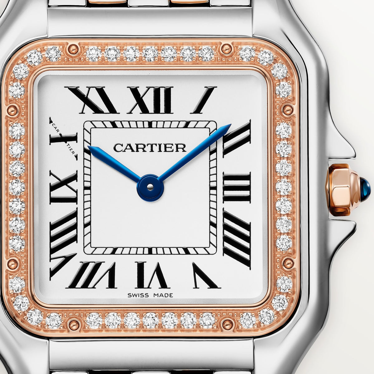 Cartier Panthère de Cartier women's quartz watch, medium model case, silver dial, stone-set bezel, two-tone stainless steel bracelet – dial close-up