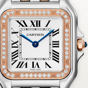 Cartier Panthère de Cartier women's quartz watch, medium model case, silver dial, stone-set bezel, two-tone stainless steel bracelet – dial close-up