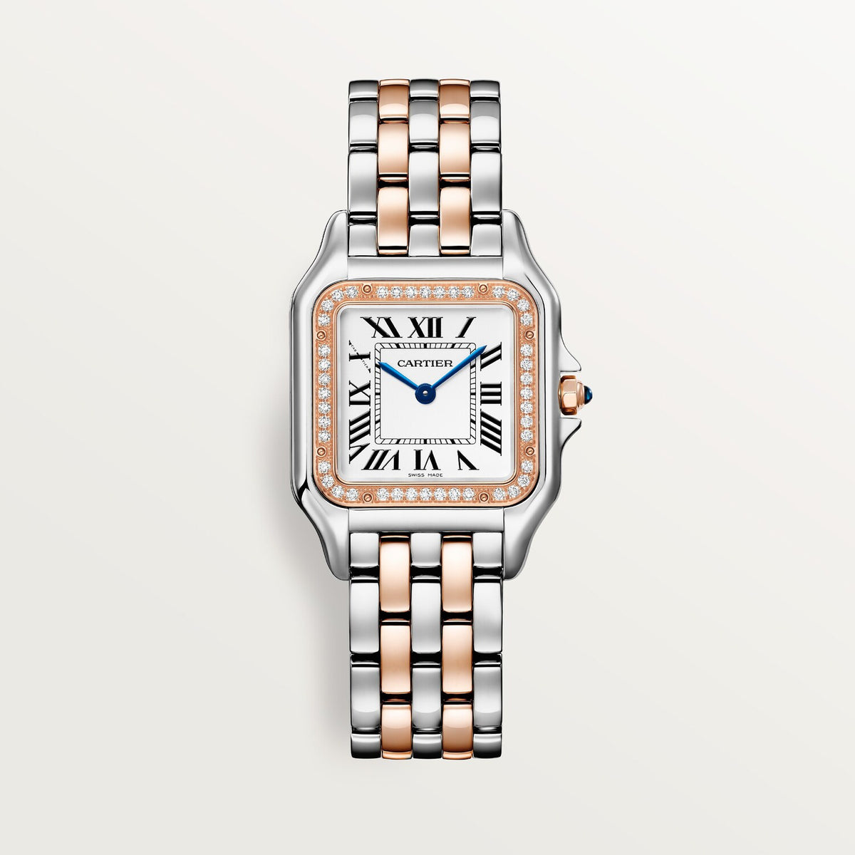 Cartier Panthère de Cartier women's quartz watch, medium model case, silver dial, stone-set bezel, two-tone stainless steel bracelet – front view