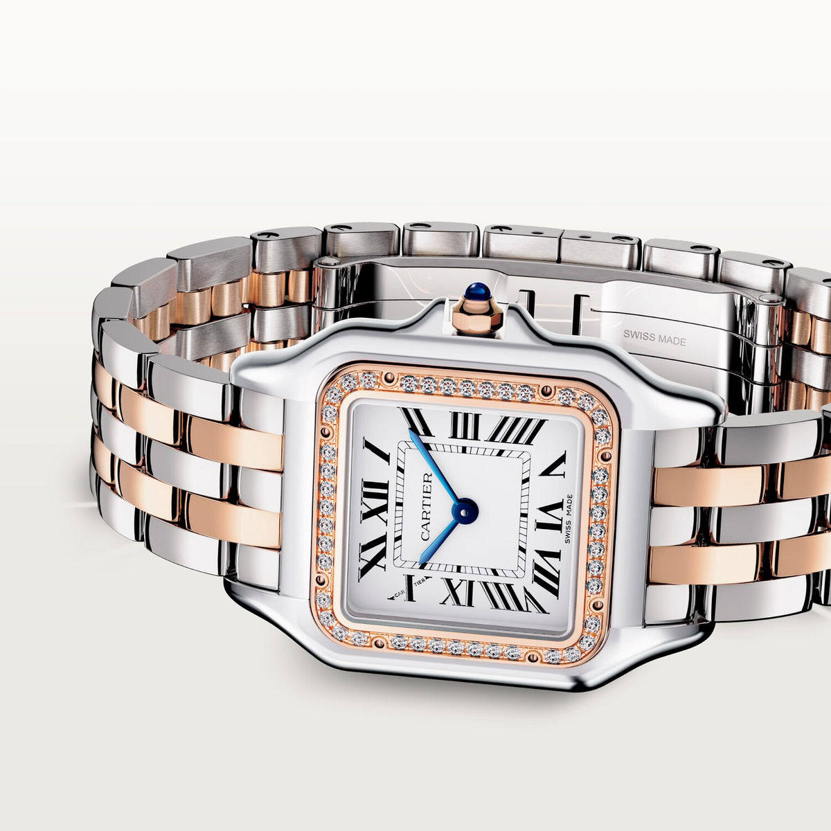 Cartier Panthère de Cartier women's quartz watch, medium model case, silver dial, stone-set bezel, two-tone stainless steel bracelet – side angle view