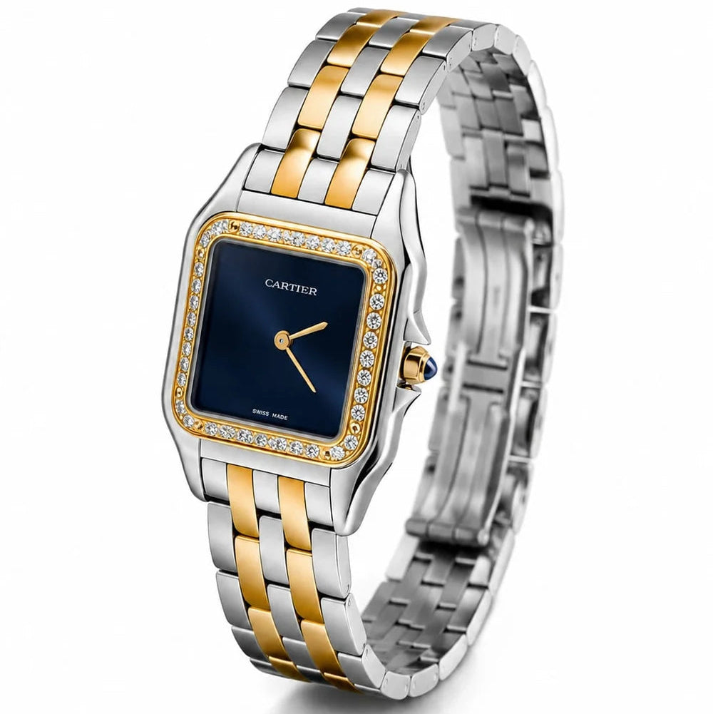 Cartier Panthère de Cartier women's quartz watch, navy blue dial, stone-set bezel, two-tone stainless steel bracelet – angle view