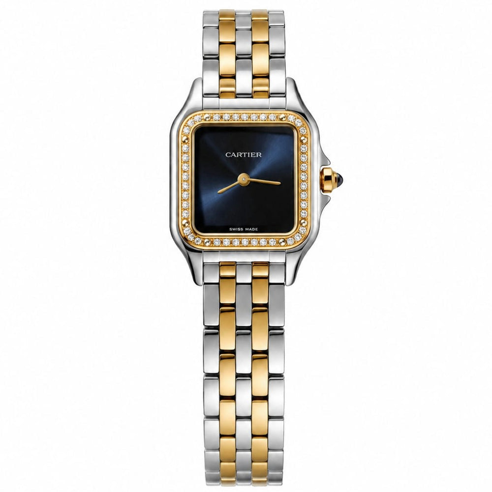 Cartier Panthère de Cartier women's quartz watch, navy blue dial, stone-set bezel, two-tone stainless steel bracelet – front view