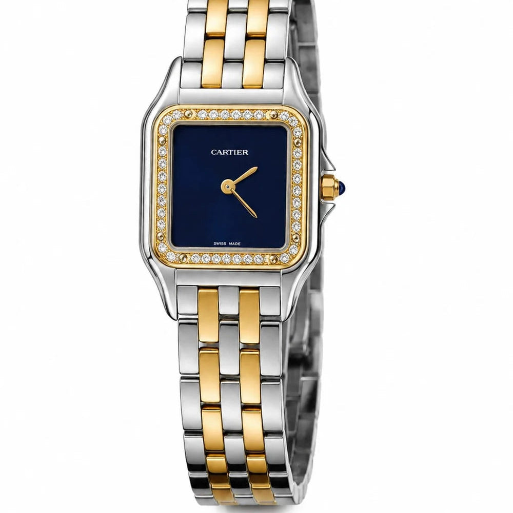 Cartier Panthère de Cartier women's quartz watch, navy blue dial, stone-set bezel, two-tone stainless steel bracelet – full front view