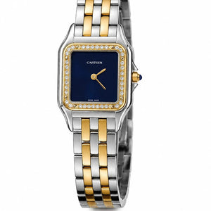 Cartier Panthère de Cartier women's quartz watch, navy blue dial, stone-set bezel, two-tone stainless steel bracelet – full front view