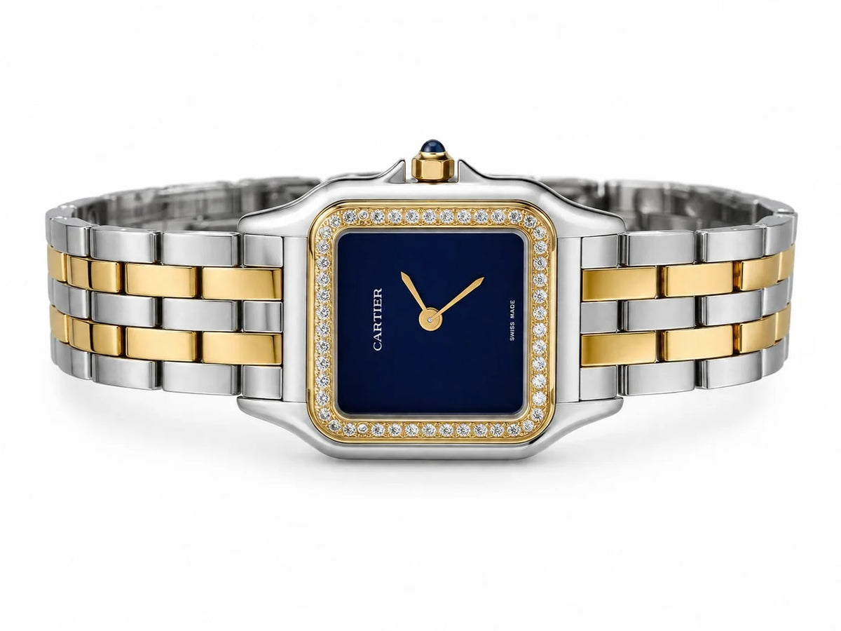 Cartier Panthère de Cartier women's quartz watch, navy blue dial, stone-set bezel, two-tone stainless steel bracelet – side view