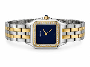 Cartier Panthère de Cartier women's quartz watch, navy blue dial, stone-set bezel, two-tone stainless steel bracelet – side view