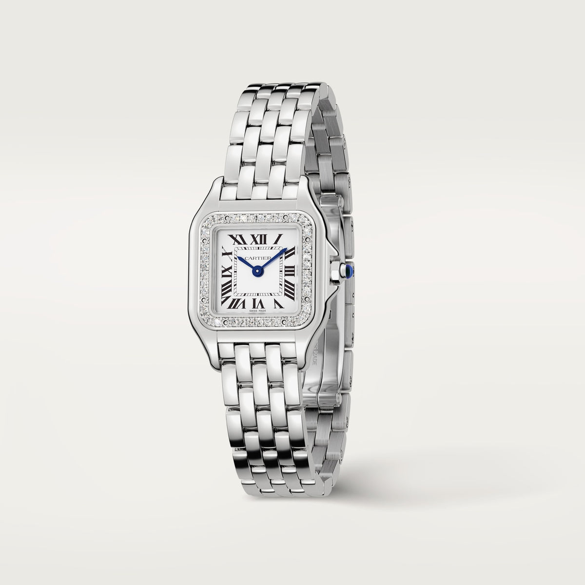 Cartier Panthère de Cartier women's quartz watch, small model case, silver dial, stone-set bezel, silver stainless steel bracelet – angle view
