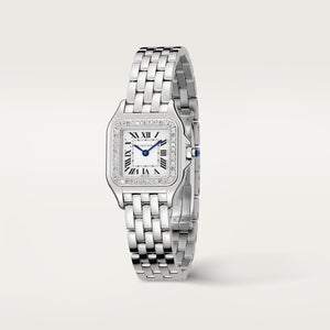 Cartier Panthère de Cartier women's quartz watch, small model case, silver dial, stone-set bezel, silver stainless steel bracelet – angle view
