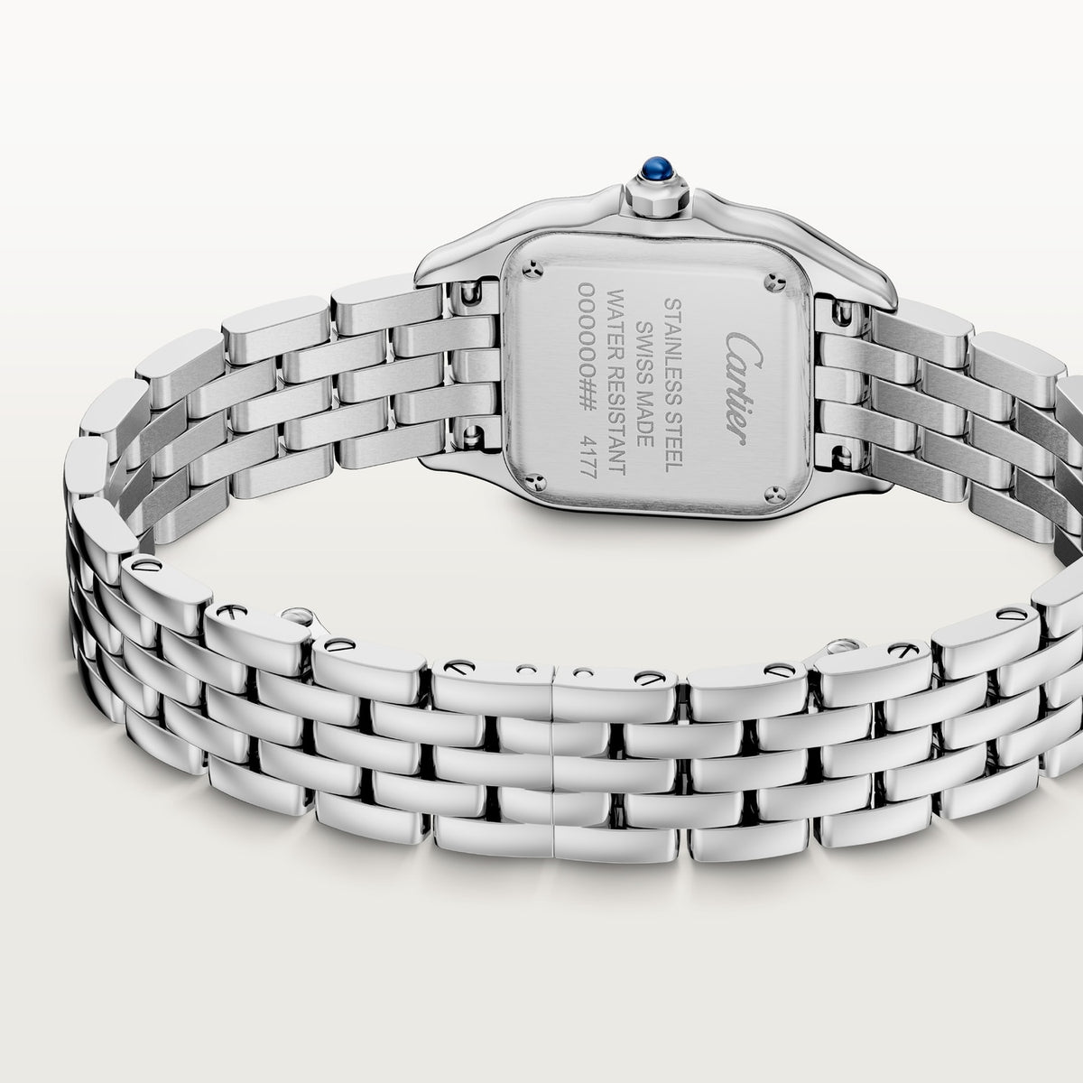 Cartier Panthère de Cartier women's quartz watch, small model case, silver dial, stone-set bezel, silver stainless steel bracelet – caseback bracelet view