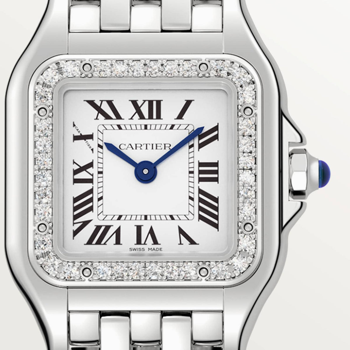 Cartier Panthère de Cartier women's quartz watch, small model case, silver dial, stone-set bezel, silver stainless steel bracelet – dial close-up