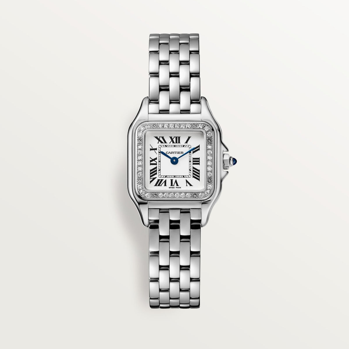 Cartier Panthère de Cartier women's quartz watch, small model case, silver dial, stone-set bezel, silver stainless steel bracelet – front view