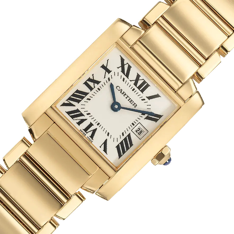 Cartier Tank Française women's quartz watch, small model case, silver dial, gold-tone bracelet – angle close-up