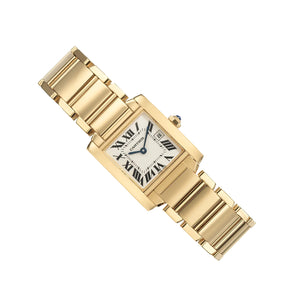 Cartier Tank Française women's quartz watch, small model case, silver dial, gold-tone bracelet – angle view