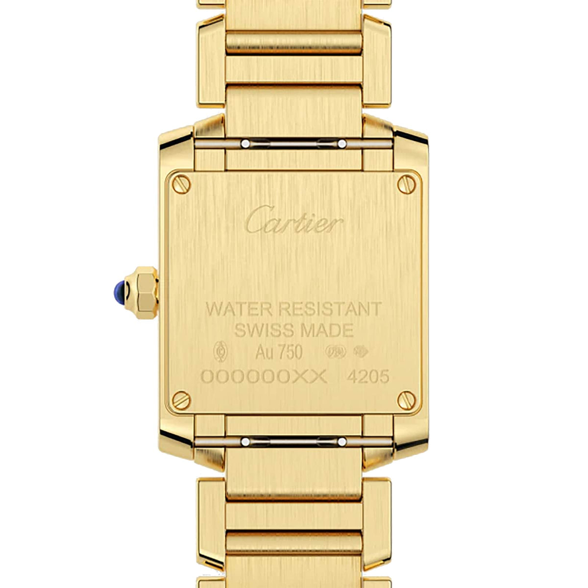 Cartier Tank Française women's quartz watch, small model case, silver dial, gold-tone bracelet – caseback view
