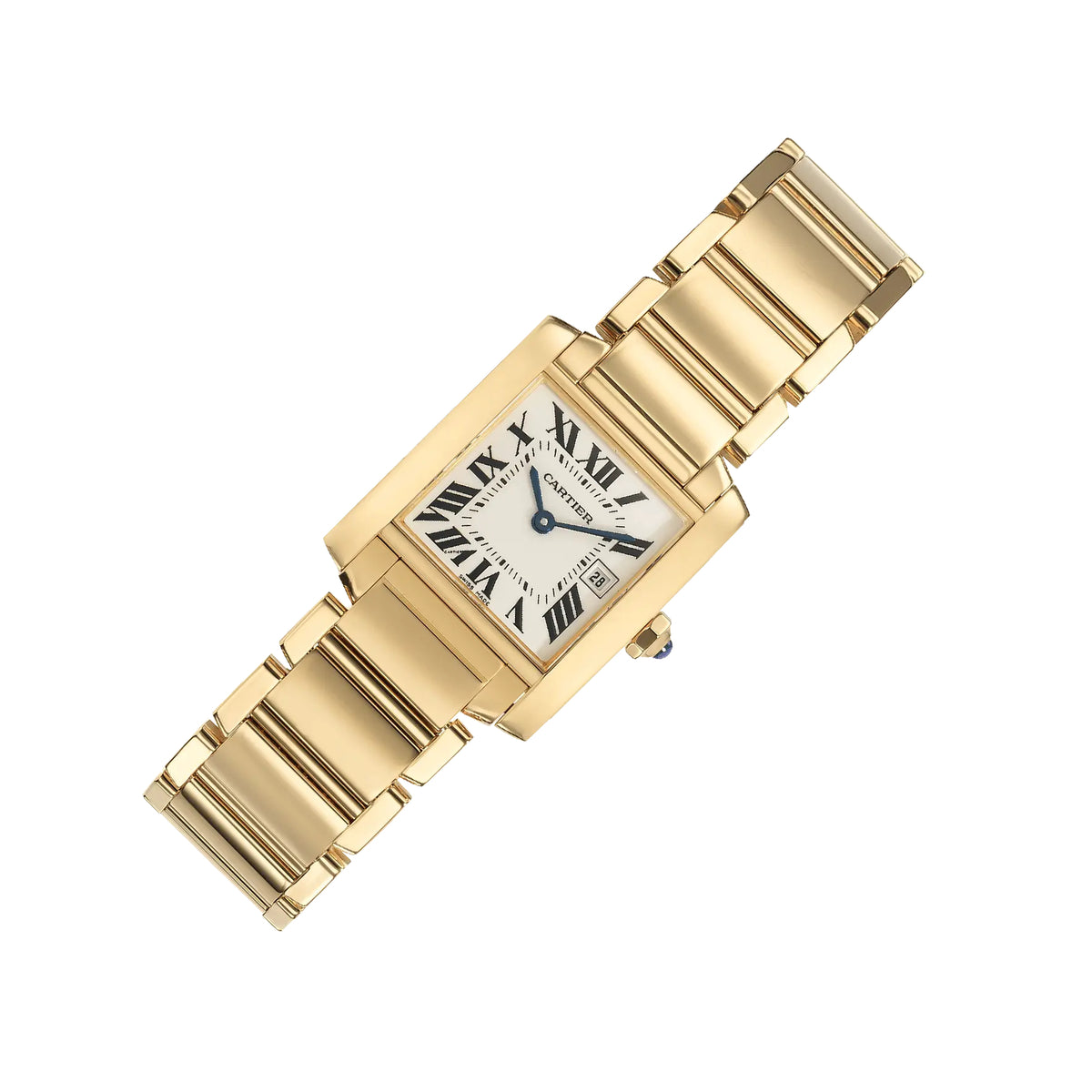 Cartier Tank Française women's quartz watch, small model case, silver dial, gold-tone bracelet – diagonal view