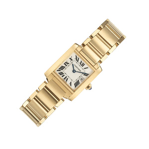 Cartier Tank Française women's quartz watch, small model case, silver dial, gold-tone bracelet – diagonal view