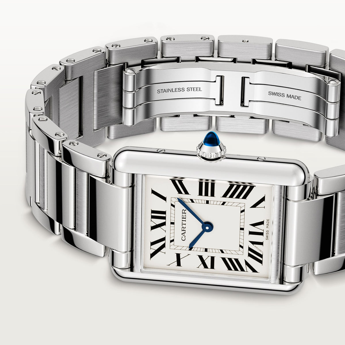 Cartier Tank Must men's quartz watch, large model case, silver dial, silver stainless steel bracelet – angle close-up