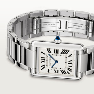 Cartier Tank Must men's quartz watch, large model case, silver dial, silver stainless steel bracelet – angle close-up