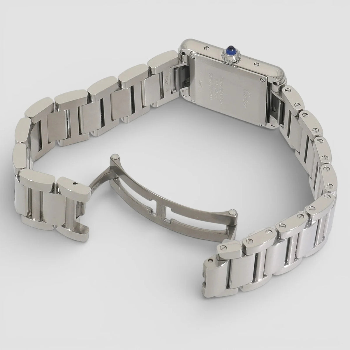Cartier Tank Must men's quartz watch, large model case, silver dial, silver stainless steel bracelet – bracelet clasp view
