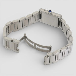 Cartier Tank Must men's quartz watch, large model case, silver dial, silver stainless steel bracelet – bracelet clasp view