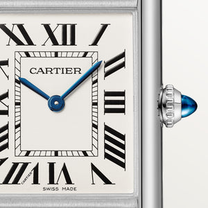 Cartier Tank Must men's quartz watch, large model case, silver dial, silver stainless steel bracelet – dial close-up