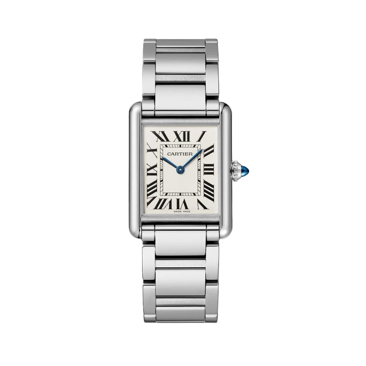Cartier Tank Must men's quartz watch, large model case, silver dial, silver stainless steel bracelet – front view