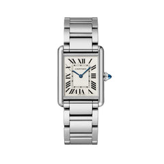 Cartier Tank Must men's quartz watch, large model case, silver dial, silver stainless steel bracelet – front view