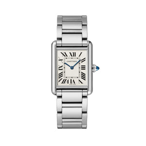 Cartier Tank Must men's quartz watch, large model case, silver dial, silver stainless steel bracelet – front view