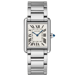 Cartier Tank Must men's quartz watch, large model case, silver dial, silver stainless steel bracelet – full front view