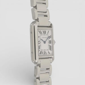 Cartier Tank Must men's quartz watch, large model case, silver dial, silver stainless steel bracelet – left angle view