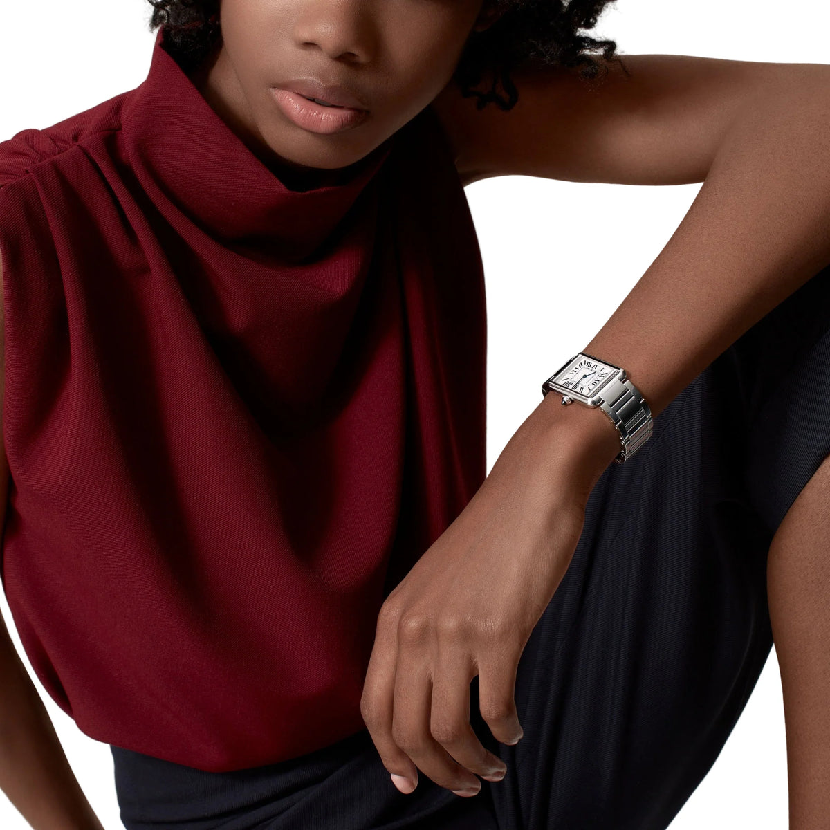 Cartier Tank Must men's quartz watch, large model case, silver dial, silver stainless steel bracelet – lifestyle wrist view