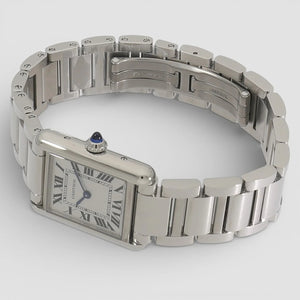 Cartier Tank Must men's quartz watch, large model case, silver dial, silver stainless steel bracelet – side angle view