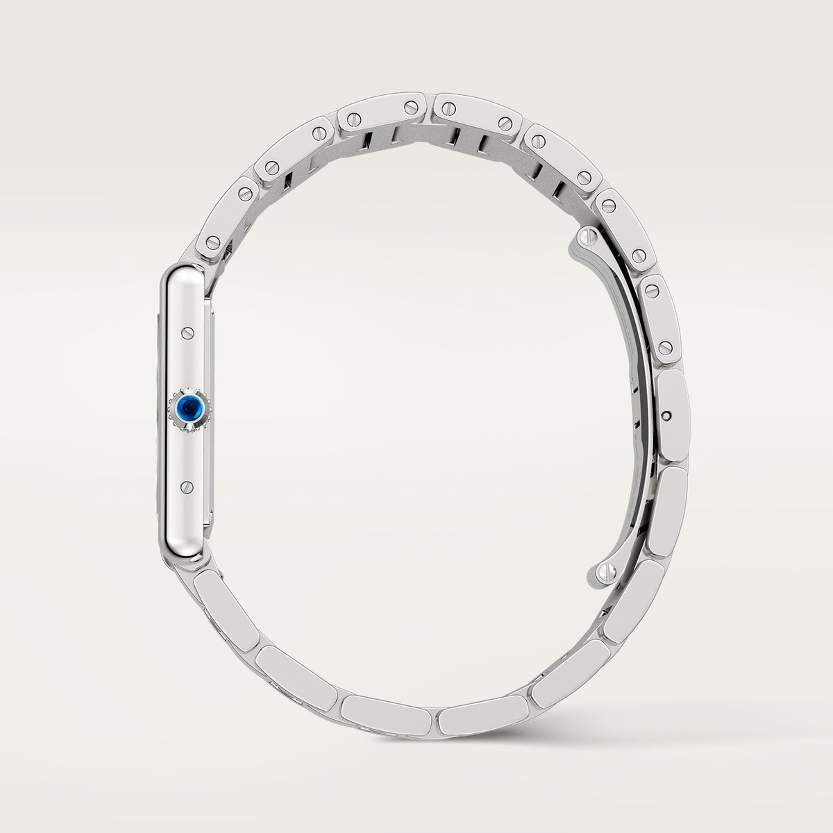 Cartier Tank Must men's quartz watch, large model case, silver dial, silver stainless steel bracelet – side profile view