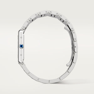 Cartier Tank Must men's quartz watch, large model case, silver dial, silver stainless steel bracelet – side profile view