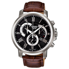 Casio Edifice BEM-506BL-1AV men's chronograph watch, black dial, genuine brown leather strap – front view