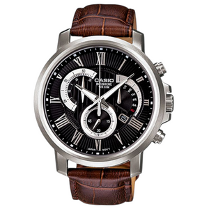 Casio Edifice BEM-506BL-1AV men's chronograph watch, black dial, genuine brown leather strap – front view