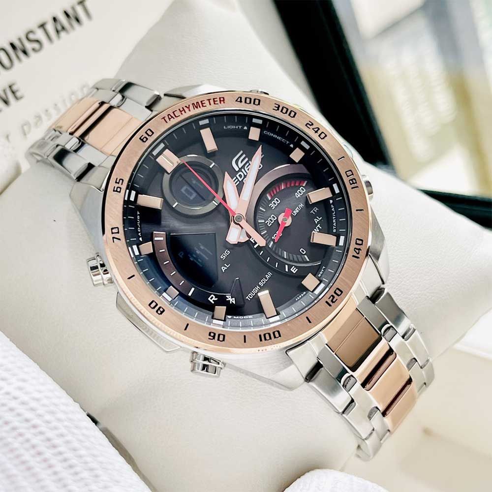 Casio Edifice ECB-900DC-1A men's analog-digital watch, black dial, two-tone silver and rose gold-tone stainless steel bracelet – detail view 2