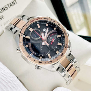 Casio Edifice ECB-900DC-1A men's analog-digital watch, black dial, two-tone silver and rose gold-tone stainless steel bracelet – detail view 2