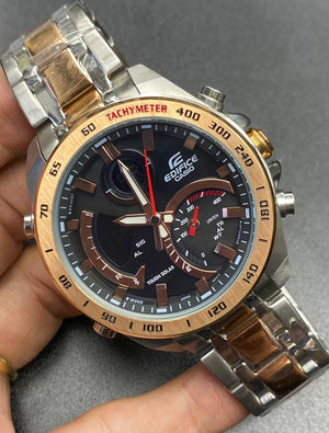Casio Edifice ECB-900DC-1A men's analog-digital watch, black dial, two-tone silver and rose gold-tone stainless steel bracelet – detail view 3