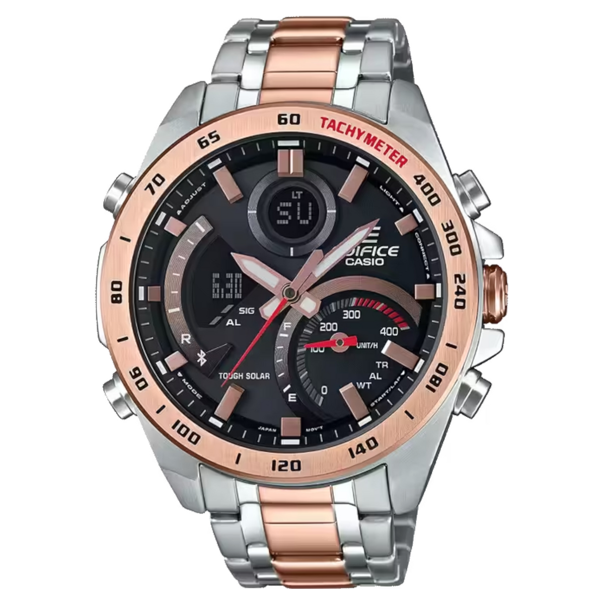 Casio Edifice ECB-900DC-1A men's analog-digital watch, black dial, two-tone silver and rose gold-tone stainless steel bracelet – front view