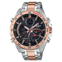 Casio Edifice ECB-900DC-1A men's analog-digital watch, black dial, two-tone silver and rose gold-tone stainless steel bracelet – front view