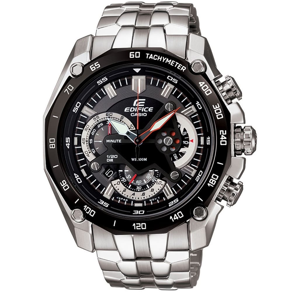 Casio Edifice EF-550D-1AV men's chronograph watch, black dial, silver-tone stainless steel bracelet – front view